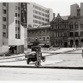 Roadworks, street widening for Martin Place extension, Elizabeth and Phillip Streets, Sydney, 1934