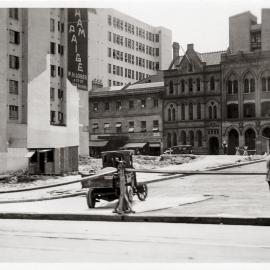 Roadworks, street widening for Martin Place extension, Elizabeth and Phillip Streets, Sydney, 1934