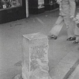View showing position of historic milestone, corner George and Liverpool Streets, 1954