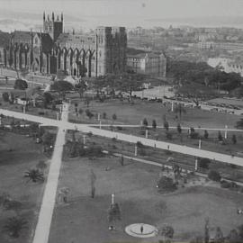 Elevated north eastlerly view of St Mary's Cathedral and Hyde Park North, 1930