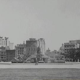 Looking west across Hyde Park North to Archibald Fountain, Elizabeth Street Sydney, 1930