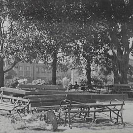 Hyde Park damaged during Harbour Bridge opening celebrations, College Street Sydney, 1932