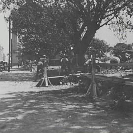 Wall reconstruction in Hyde Park South, Elizabeth Street Sydney, 1932