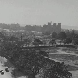 Elevated view of Hyde Park South, corner Liverpool and Elizabeth Streets Sydney, 1932