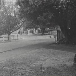 Cahill Expressway roadworks, Government House gates, Conservatorium Road Sydney, 1956