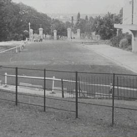 Cahill Expressway roadworks, Government House gates, Conservatorium Road Sydney, 1956