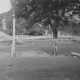 Cahill Expressway roadworks, Government House gates, Conservatorium Road Sydney, 1956