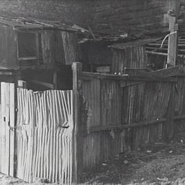 Dilapidated lean-to outbuildings, Point Street Pyrmont, 1954