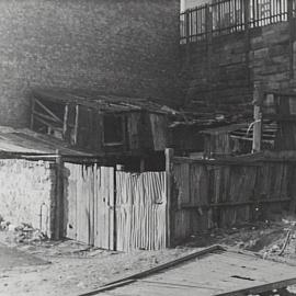 Dilapidated lean-to outbuildings, Point Street Pyrmont, 1954