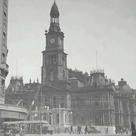 Sydney Town Hall repairs, corner Park and George Streets Sydney, 1934