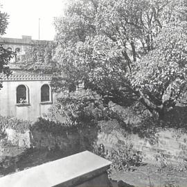 View through trees and shrubs at historic mansion, Agincourt, Wylde Street Potts Point, 1940