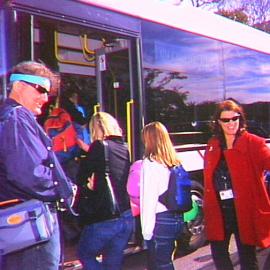 Getting on a free bus at Cook and Phillip Park, Sydney, 2000