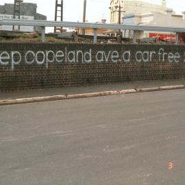 Keep Copeland ave. a car free zone!!', graffiti in Copeland Avenue Newtown, 1986