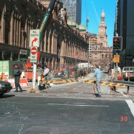 Street closure due to the construction of the QVB underground carpark, York Street Sydney, 1986