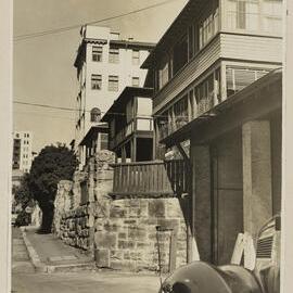 Print - Streescape with houses and apartment block, Billyard Avenue Elizabeth Bay, 1940