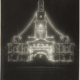 Print - Sydney Town Hall night Illuminations, George Street Sydney, 1920