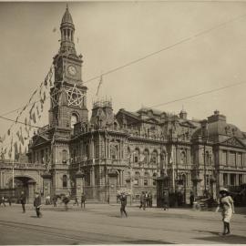 Print - Sydney Town Hall decorations for British Fleet, corner of George and Druitt Streets Sydney, 1924