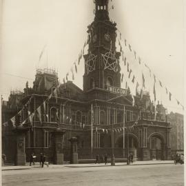 Print - Sydney Town Hall decorations for British Fleet, George Street Sydney, 1924