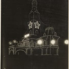 Print - Sydney Town Hall Illuminations for British Fleet arrival, George Street Sydney, 1924