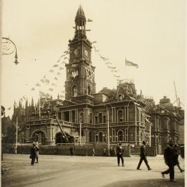 Print - Sydney Town Hall decorations, Royal Visit, George Street Sydney, 1927