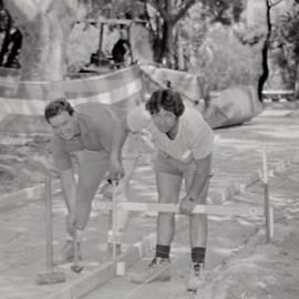 Hyde Park South upgrade, workmen preparing path, Elizabeth Street Sydney, circa 1992
