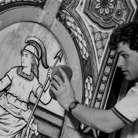 Cleaning the stained glass window in Town Hall, George Street Sydney, 1991