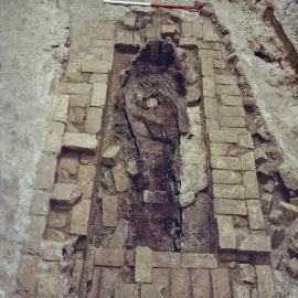 Convict grave site beneath the Sydney Town Hall, wooden coffin, George Street Sydney, 1991