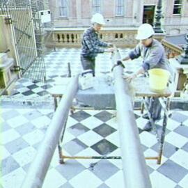 Workmen restoring pipes from Sydney Town Hall Grand Organ, George Street Sydney, 1991