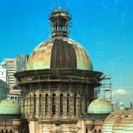 Storm damage to scaffolding on the Queen Victoria Building (QVB), George Street Sydney, 1981