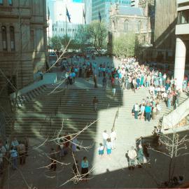 City of Sydney Council fire drill evacuation, Sydney Square, Kent Street Sydney, 1982