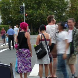 Waiting to cross street, corner Enmore Road and King Street Newtown, 2009