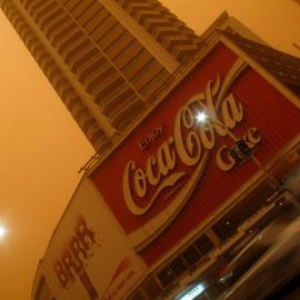 Coca-Cola billboard and Zenith Residences in Kings Cross during dust storm in Sydney, 2009