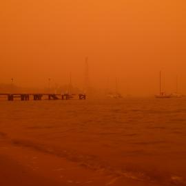 Moored yachts off Ithaca Road Wharf Elizabeth Bay on morning of dust storm, 2009