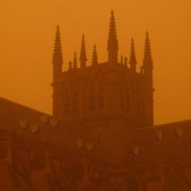 Tower of St Marys Cathedral Sydney and the orange haze of an early morning dust storm, 2009