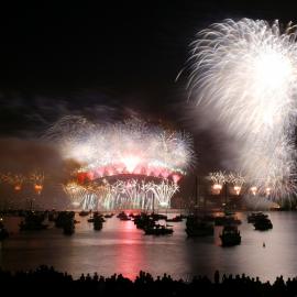 New Years Eve Fireworks and Heart on Bridge, Sydney Harbour, 2005