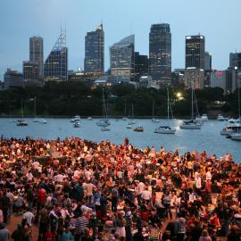 New Years Eve 2006 Fireworks, spectators on shoreline, Mrs Macquarie's Point Sydney, 2006