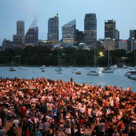 Sydney CBD skyline and crowd on New Years Eve, Mrs Macquarie's Point Sydney, 2006