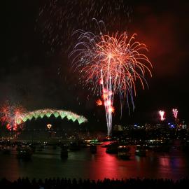 New Years Eve 2006 Fireworks and illuminated Opera House, Mrs Macquarie's Point Sydney, 2006