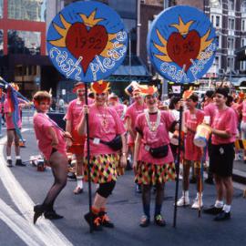 Charity cash collection walkers, Liverpool Street Sydney, Mardi Gras Parade, 1992