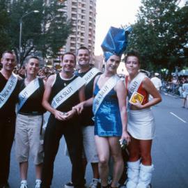 'Safe Sex Sluts' promoting harm reduction, Sydney Gay and Lesbian Mardi Gras Parade (SGLMG), Darlinghurst, 1998