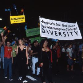 First Nations groups march in the Sydney Gay and Lesbian Mardi Gras Parade, Oxford Street Darlinghurst, 2000