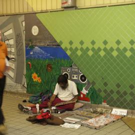Buskers, Aboriginal artist displaying art works, Devonshire Street Tunnel Surry Hills, 2004