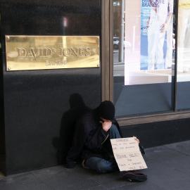 Buskers, homeless person seeks donations outside David Jones, Castlereagh Street Sydney, 2004