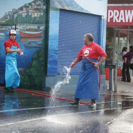 Fish market's employee hosing area outside Claudio's seafood,  Bank Street Pyrmont, 2003