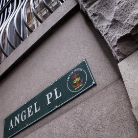 Angel Place street sign on façade of 354-360 George Street Sydney, 2010