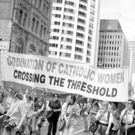 Ordination of Catholic Women. Crossing the Threshold banner, George Street Sydney, 1995
