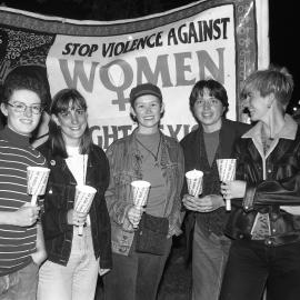 Stop Violence Against Women, banner and supporters, Reclaim the Night Rally, Hyde Park, 1995