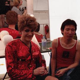 Backstage - Pauline Pantsdown aka Simon Hunt with friend;