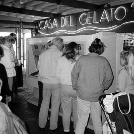 Ticket machine and Casa Del Gelato sign at Circular Quay Wharf Sydney, 1989.