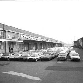 New imported cars waiting on Wharf 8-9 Pyrmont Bay, Darling Harbour, 1984